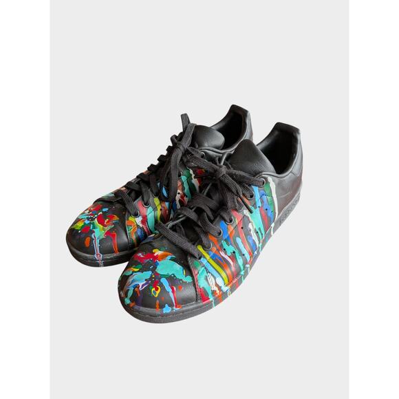 Adidas Stan Smith Men’s 8 Black Leather Sneakers Custom Paint Splatter Art Shoes main image 5